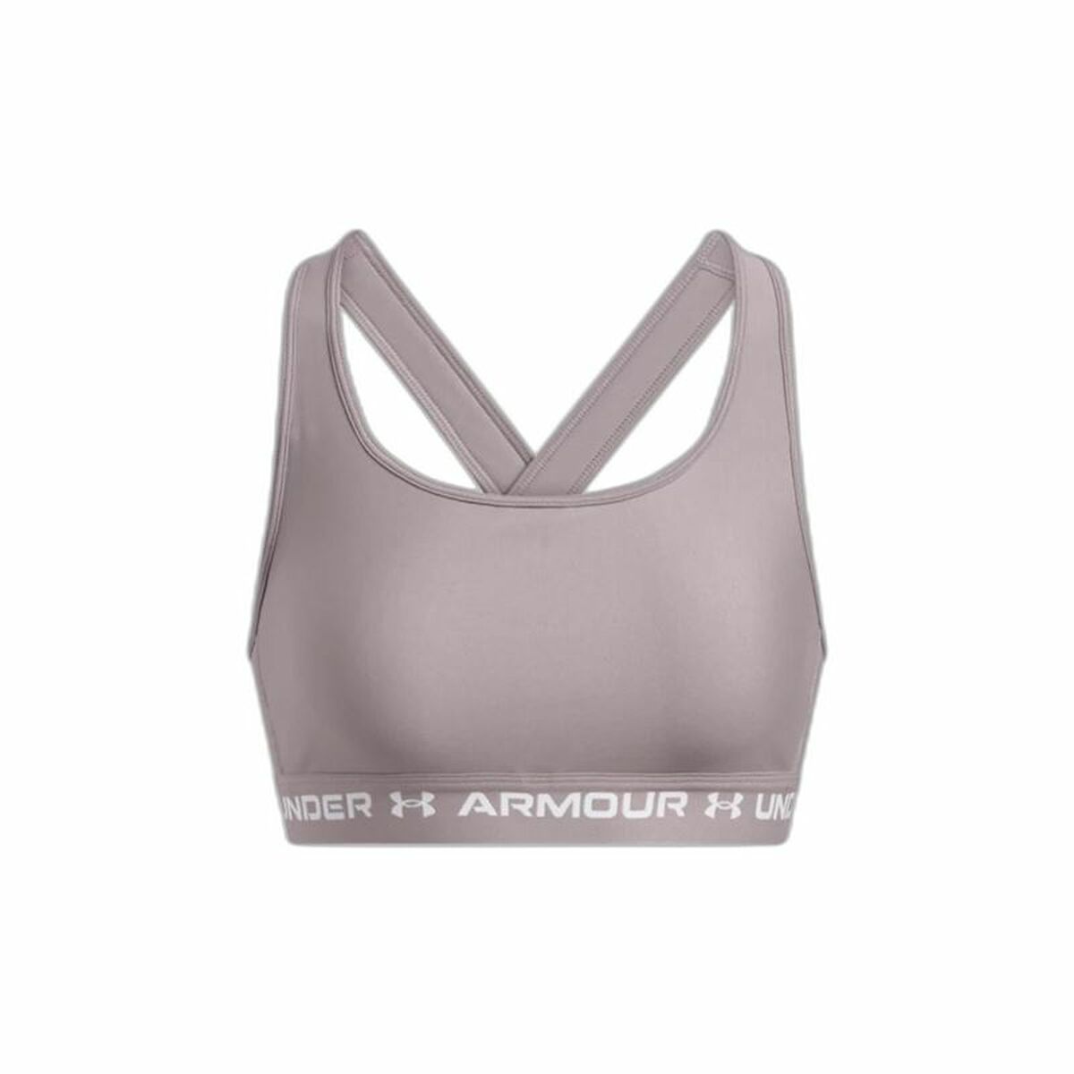 "Under Armour Crossback Mid sport-bh dam grå – framtill med logga och formkupor."
