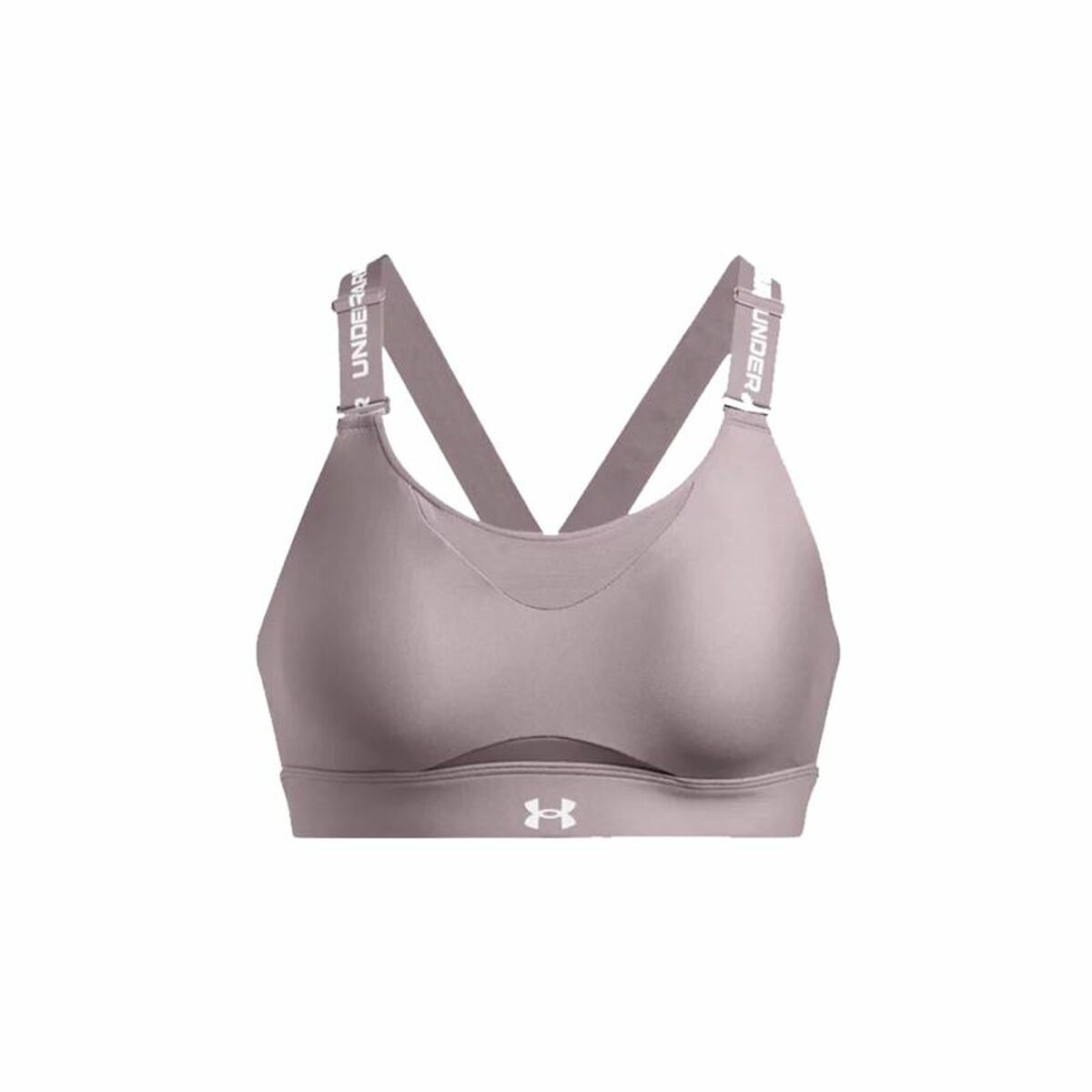 "Under Armour Infinity High sport-bh dam brun – framtill med formade kupor och logga."