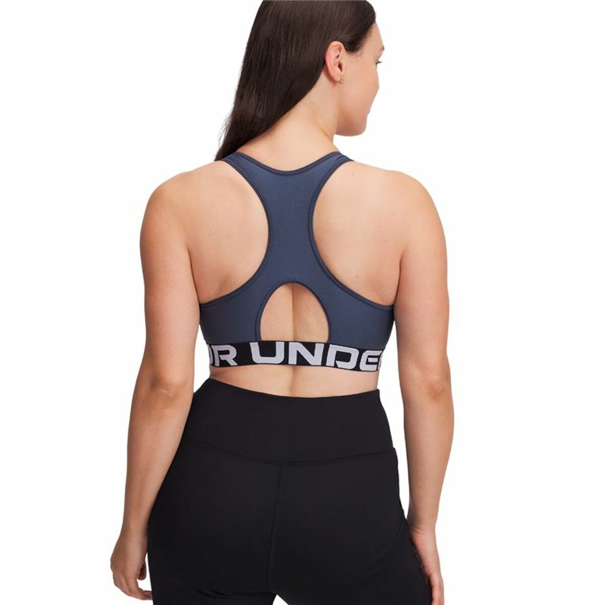 "Under Armour Hg Mid Branded sport-bh mörkgrå – baksida med ergonomisk passform och ventilerande tyg."