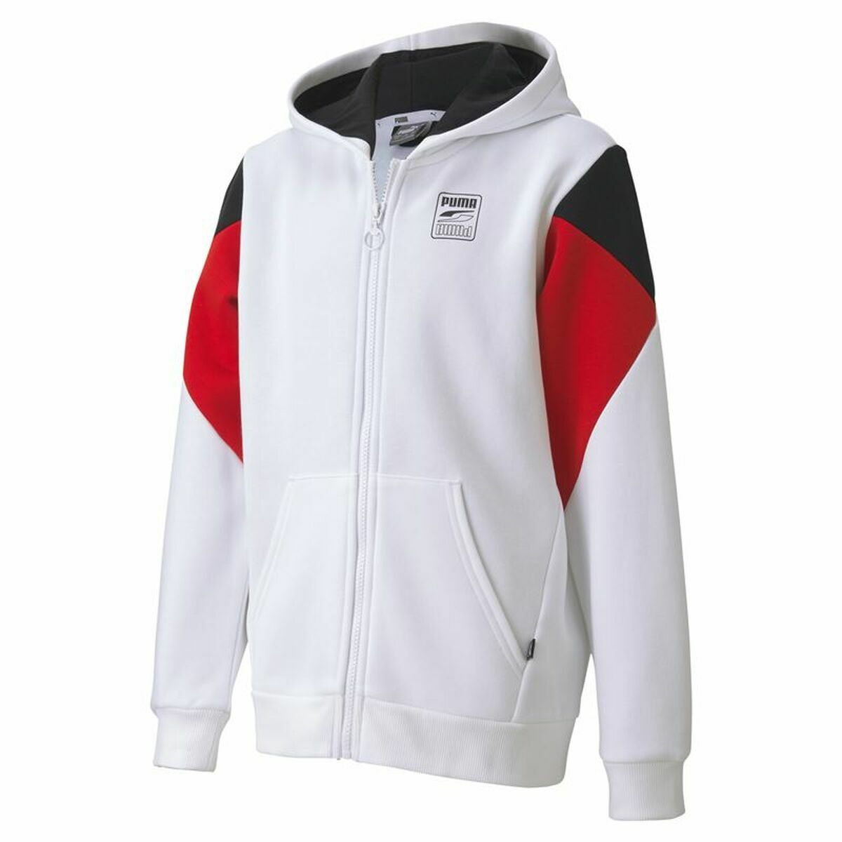 "Puma Rebel Block Full-Zip Hoodie vit sportjacka för barn med huva och dragkedja."