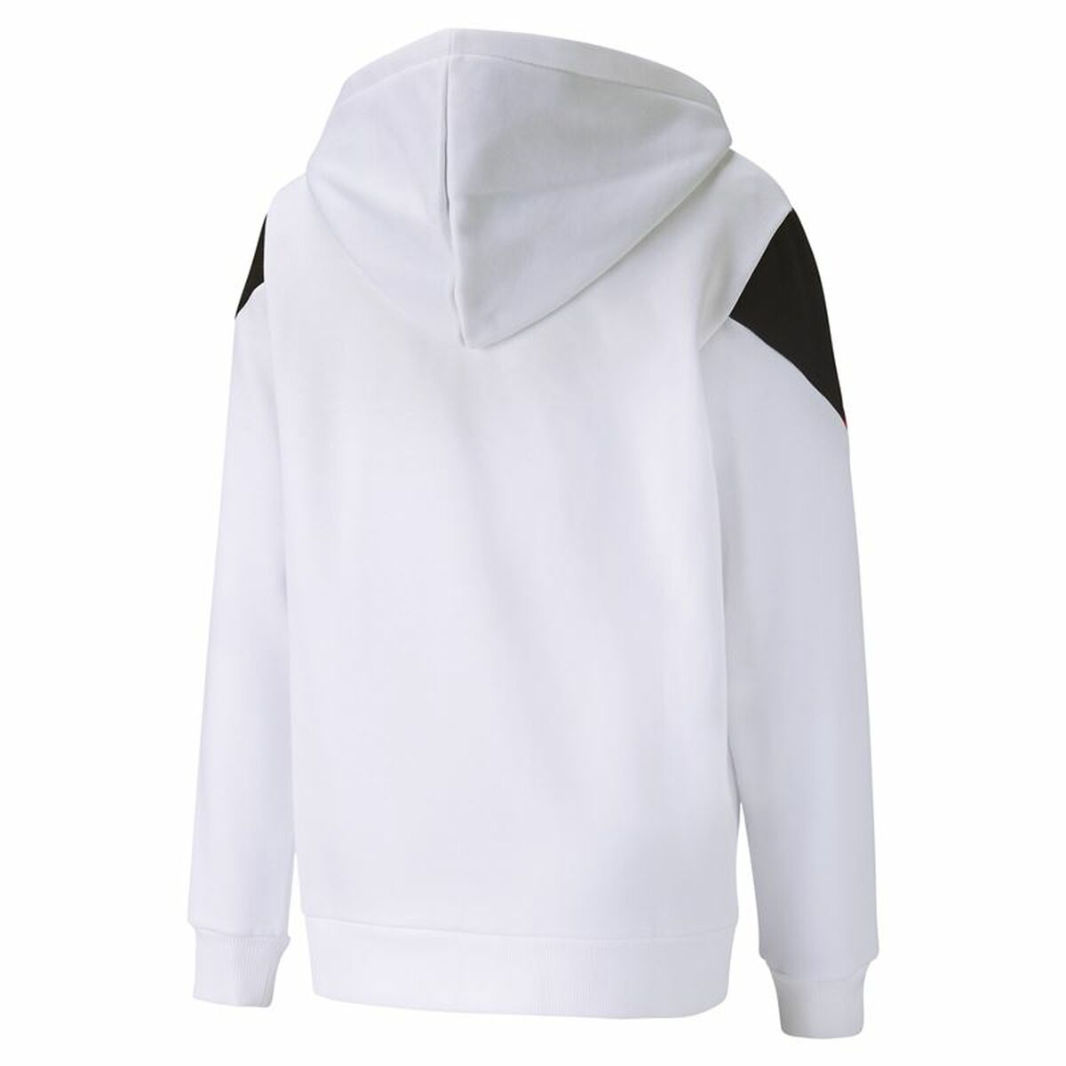 "Baksida av Puma Rebel Block Full-Zip Hoodie vit barnjacka med logotypdetalj."