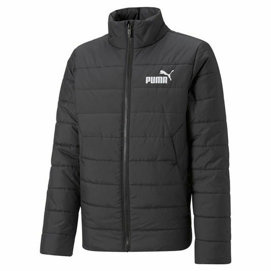 "Framsida av Puma Essentials Padded svart barnjacka – varm och lätt design."