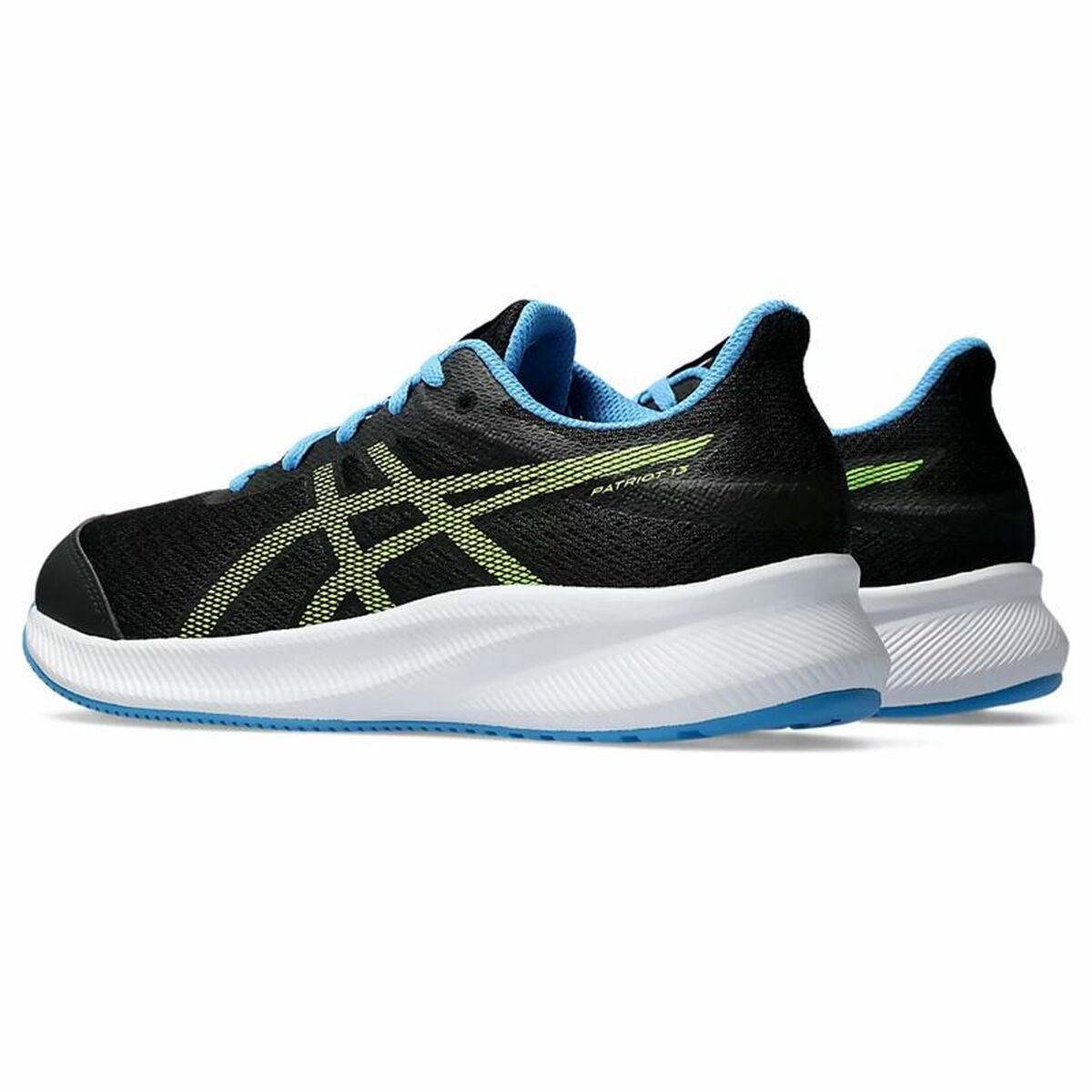 "Asics Patriot 13 GS blå barnsko med ergonomisk passform för komfort hela dagen."