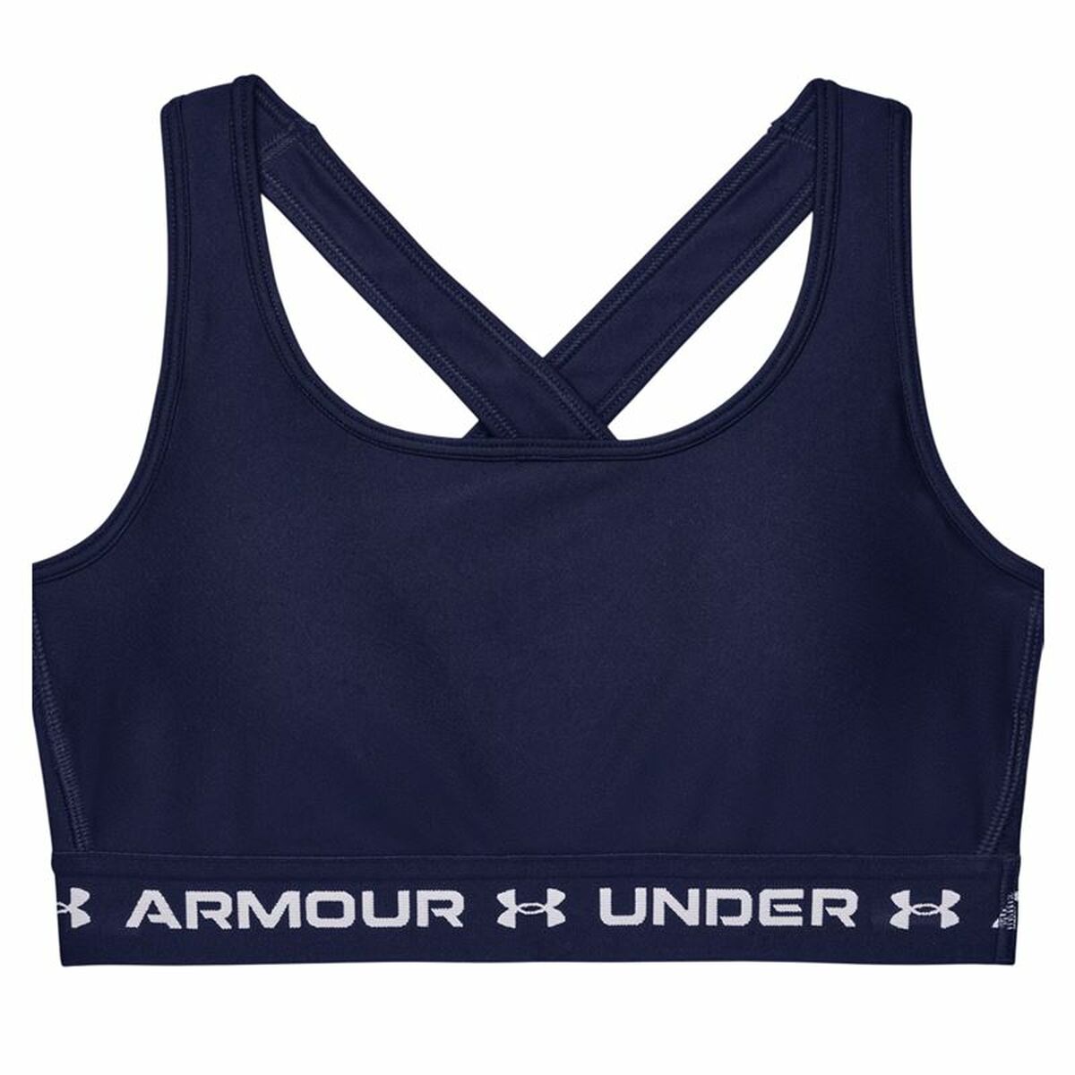 "Under Armour Crossback Mid sport-bh marinblå – framsida med medium support och tight passform."