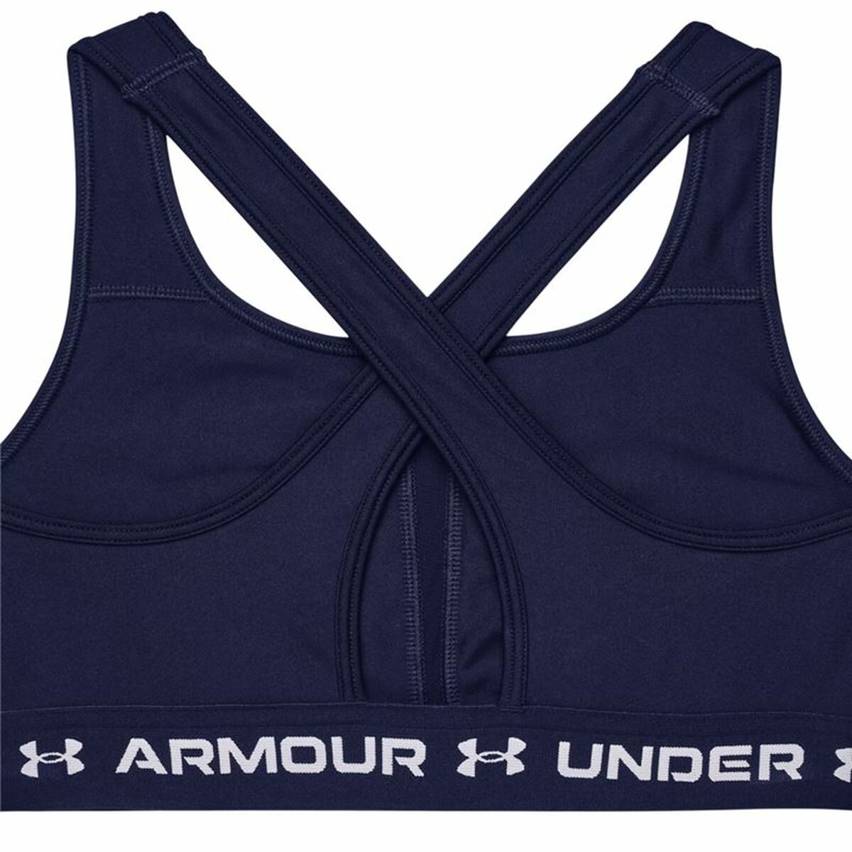 "Under Armour Crossback Mid sport-bh marinblå – baksida med korsad crossback-design."
