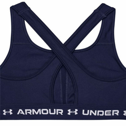 "Under Armour Crossback Mid sport-bh marinblå – baksida med korsad crossback-design."