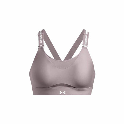 "Under Armour Infinity High sport-bh dam brun – framtill med formade kupor och logga."