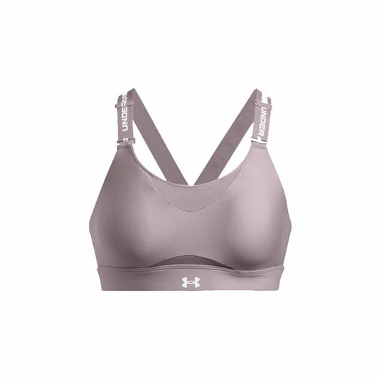 "Under Armour Infinity High sport-bh dam brun – framtill med formade kupor och logga."