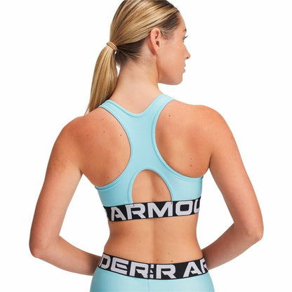 "Framsida av Under Armour HG Mid Branded blå sport-bh – bekväm passform med racerback-design."