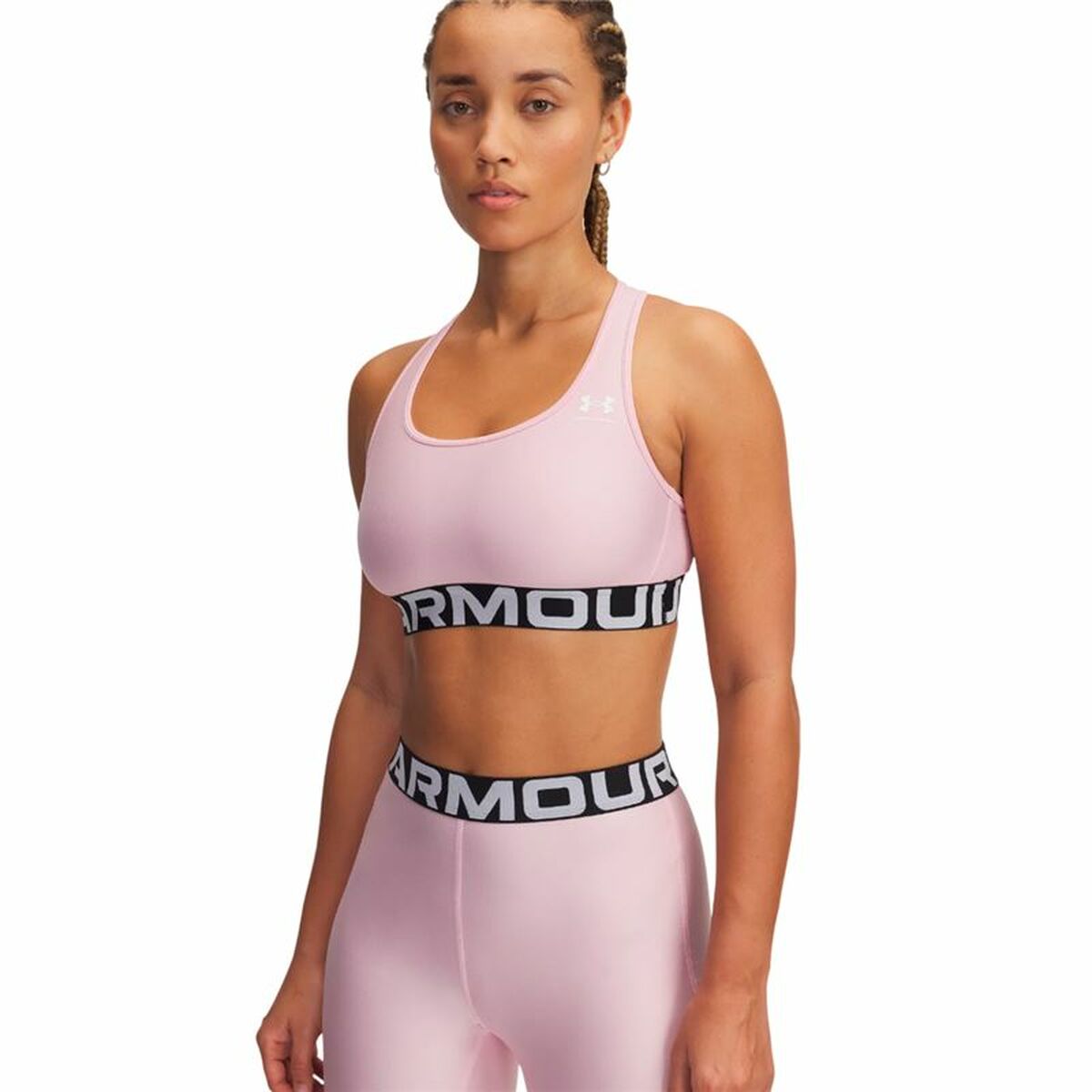 "Under Armour Hg Mid Branded sport-bh rosa – framsida med medium support för fitness och gym."