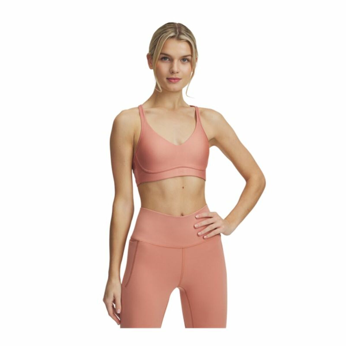 "Under Armour Infinity Low 2.0 sport-bh rosa – framsida med låg support för yoga och pilates."