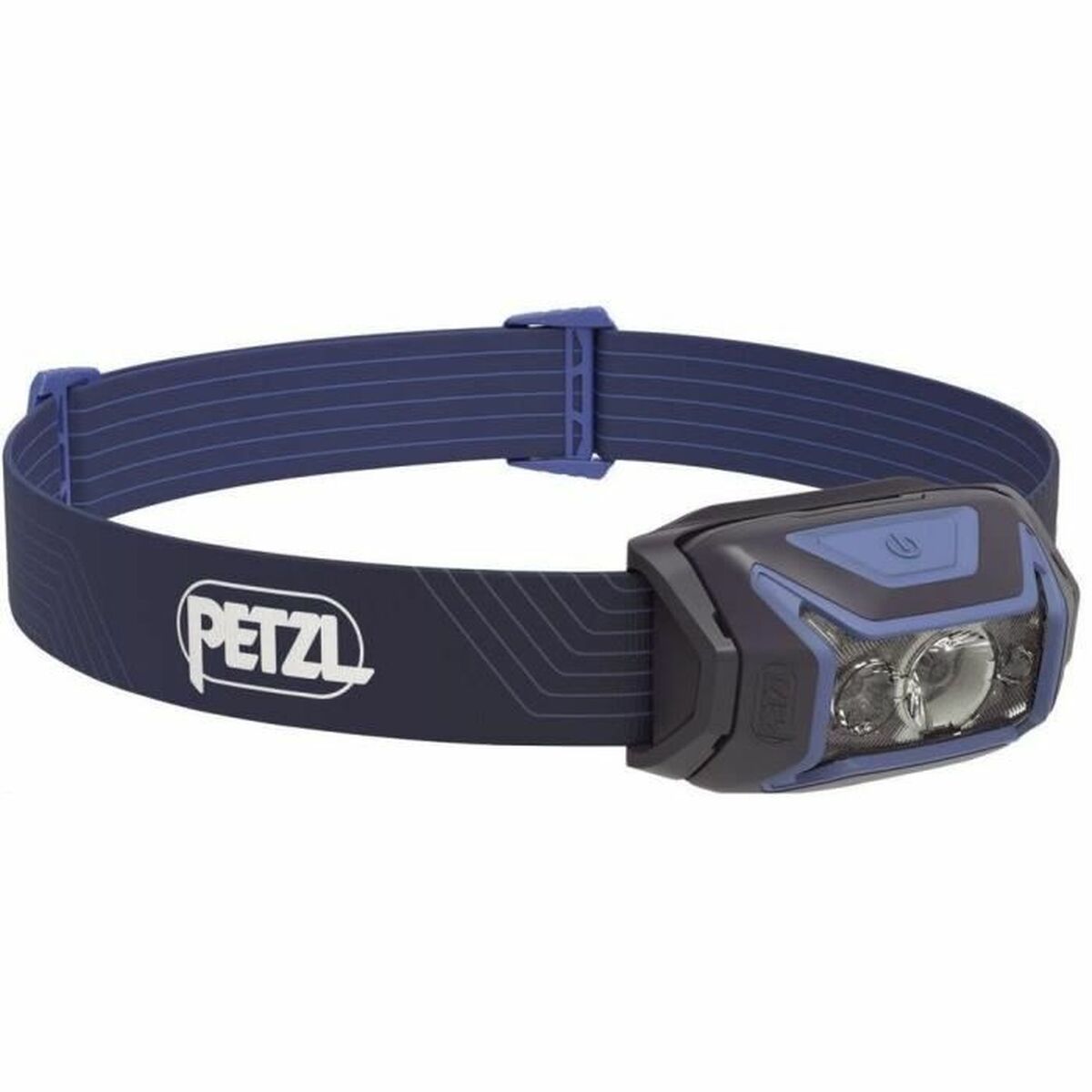 "Petzl E063AA00 LED-pannlampa blå – frontvy med justerbart pannband"