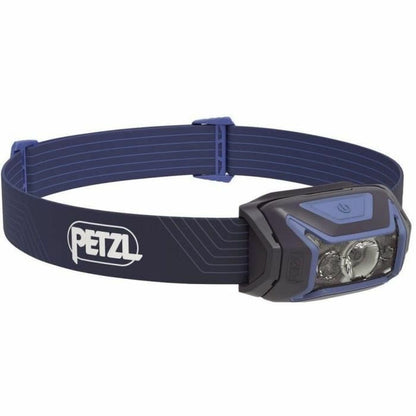 "Petzl E063AA00 LED-pannlampa blå – frontvy med justerbart pannband"