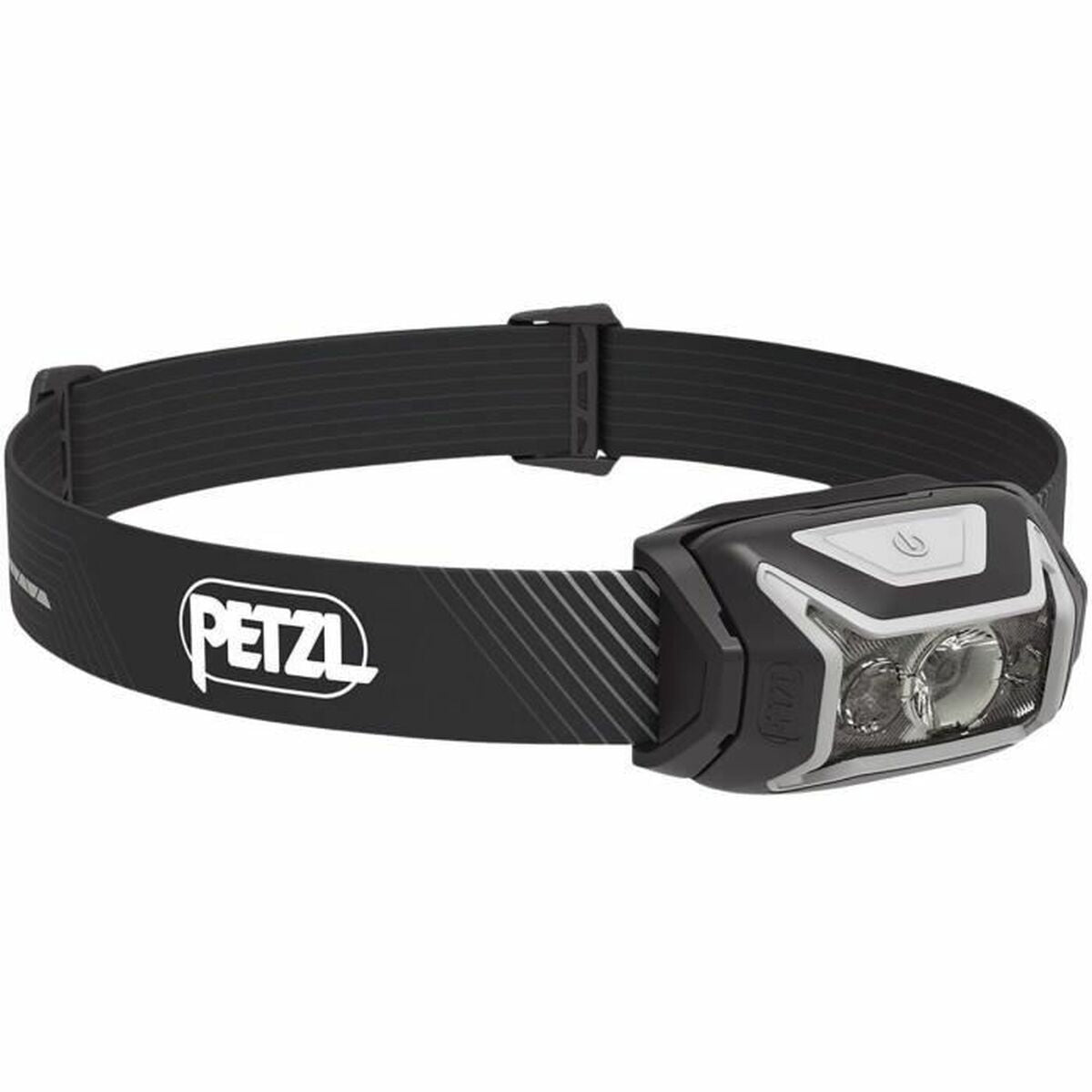 "Petzl E065AA00 LED-pannlampa grå – framifrån med justerbar rem"