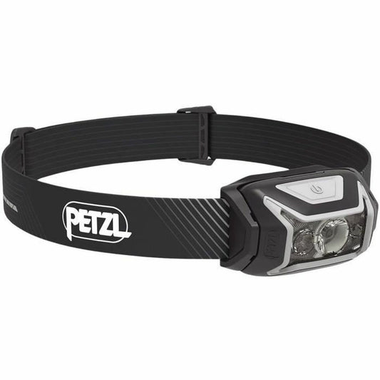 "Petzl E065AA00 LED-pannlampa grå – framifrån med justerbar rem"