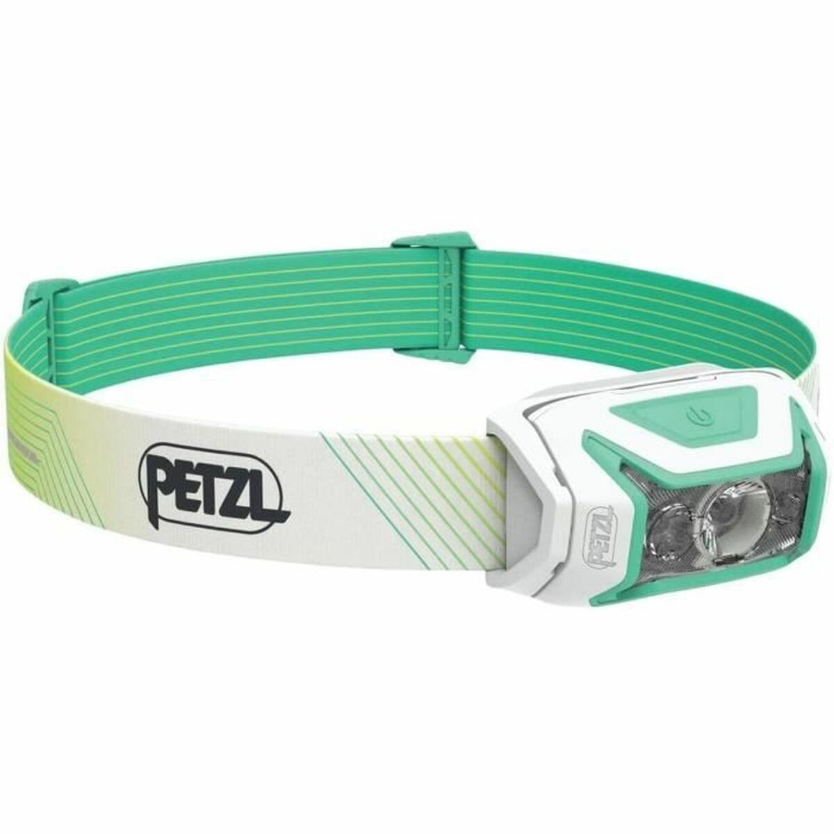 "Petzl E065AA02 LED-pannlampa vit grön – frontvy med justerbar rem"