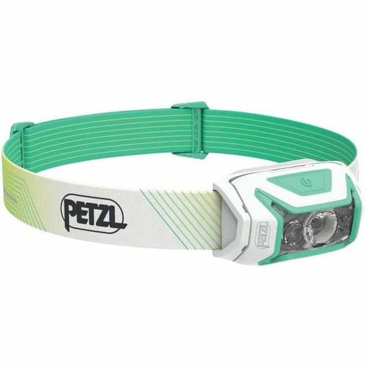 "Petzl E065AA02 LED-pannlampa vit grön – frontvy med justerbar rem"
