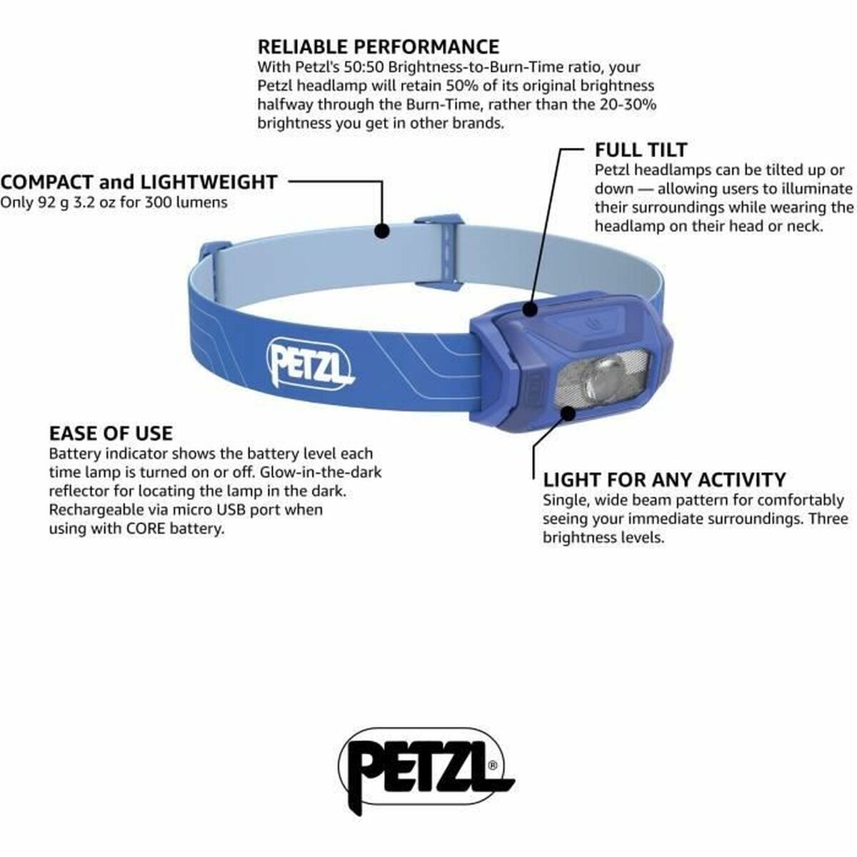 "Petzl E060AA01 – pannlampa med CE-certifiering och IPX4-skydd"