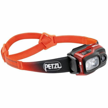 "Petzl E095BB01 LED-pannlampa svart och orange – frontvy med justerbart pannband"