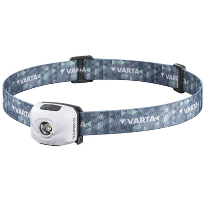"Varta ULTRALIGHT H30R LED-pannlampa vit – frontvy med justerbart pannband"