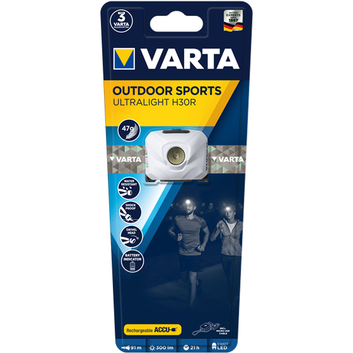 "Varta ULTRALIGHT H30R LED-lampa – sida med USB-laddningsport och lampmodul"