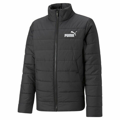 "Framsida av Puma Essentials Padded svart barnjacka – varm och lätt design."