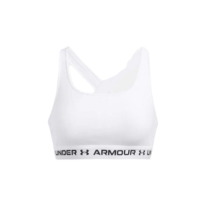 "Under Armour Crossback Mid sport-bh dam vit – framtill med logga och resårband."