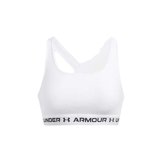"Under Armour Crossback Mid sport-bh dam vit – framtill med logga och resårband."